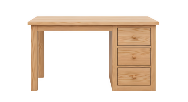 Wooden desk with three drawers isolated on transparent background is perfect for home office