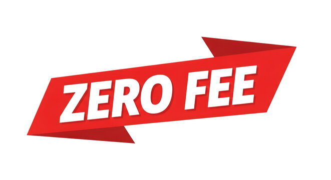 Bold red ribbon banner with black text reading zero fee isolated on transparent background