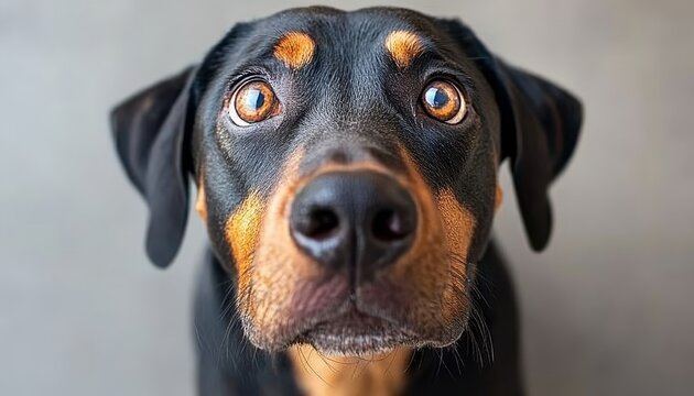 Elegant Portrait of a Doberman Pinscher with Captivating Gaze Against a Clean, Minimalist Background