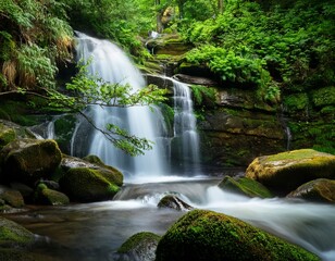 serene waterfall amidst lush greenery and stones green twig