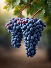 Vineyard Gems: Two bountiful bunches of ripe, jewel-toned grapes hang from a vine, ready for harvest, bathed in warm sunlight, evoking a sense of abundance and natural beauty.