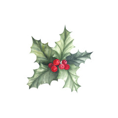 Christmas holly with green leaves and red berries. Hand-painted watercolor illustration. Isolated on a white background. For invitational and greeting cards, scrapbooking, posters, prints.