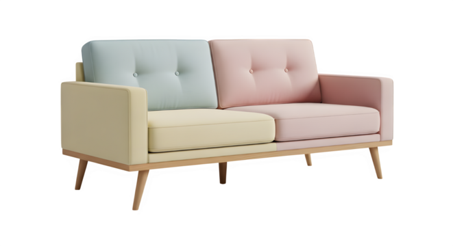Pastel colored sofa with a modern design isolated on transparent background for a living room