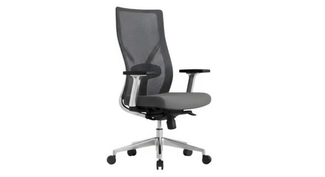 Ergonomic office chair with mesh back isolated on transparent background for comfortable work