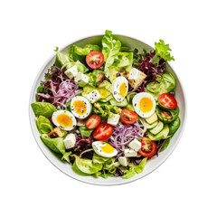 Fresh Salad Bowl with Vegetables, Eggs, and Herbs on White Background
