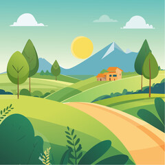 Obraz premium Paysage bucolique, campagne, l'été, ciel bleu, vallée, montagnes, soleil