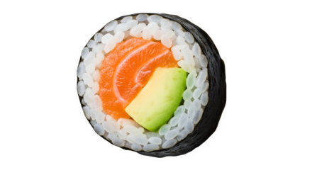 Close up of a salmon avocado sushi roll isolated on transparent background for menu design