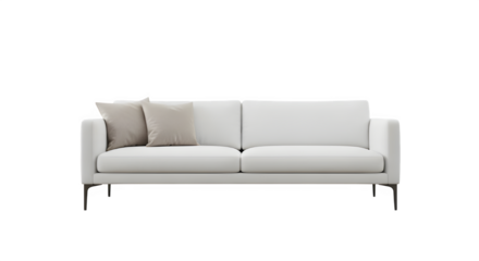 Modern white sofa with pillows isolated on transparent background for interior design ideas