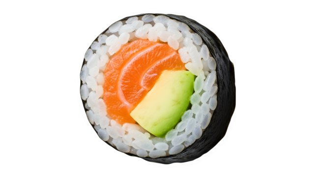 Close up of a salmon avocado sushi roll isolated on transparent background for menu design
