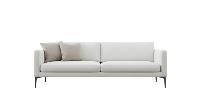 Modern white sofa with pillows isolated on transparent background for interior design ideas
