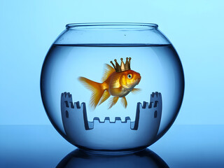 Goldfish King Concept: Fish Wearing a Crown in a Castle Fishbowl