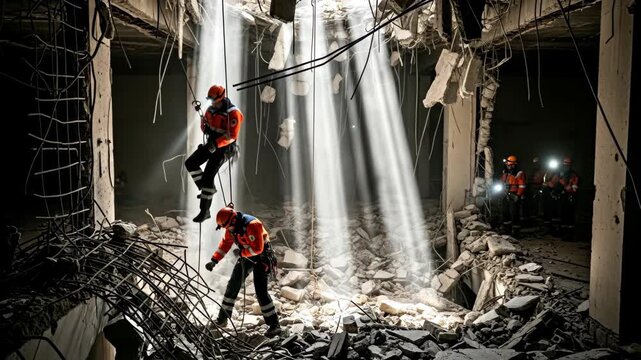 Disaster rescue workers rappelling through a destroyed building with men in background, emergency response and search operation footage.
