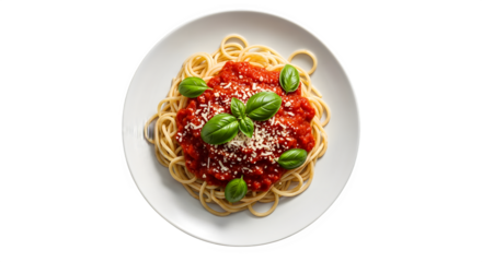 Classic spaghetti with tomato sauce and basil isolated on transparent background, a delicious italian dish