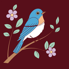 Vibrant Blue Bird with Green Leaves and Flowers