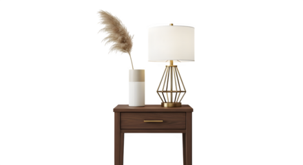 Stylish bedside table with lamp and vase isolated on transparent background, perfect for home decor