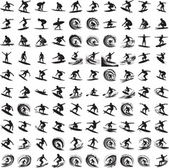 Silhouette of a person surfing isolated on white background