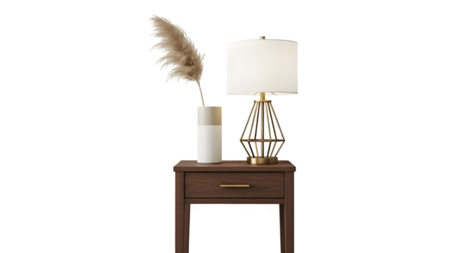 Stylish bedside table with lamp and vase isolated on transparent background, perfect for home decor