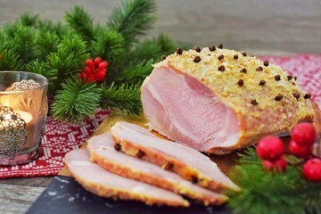 Christmas food. Delicious baked ham.