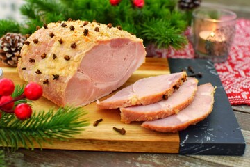 Christmas food. Delicious baked ham.