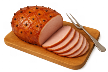 Traditional glazed ham with cloves and brown sugar glaze, sliced and ready to serve on a cutting board, transparent background