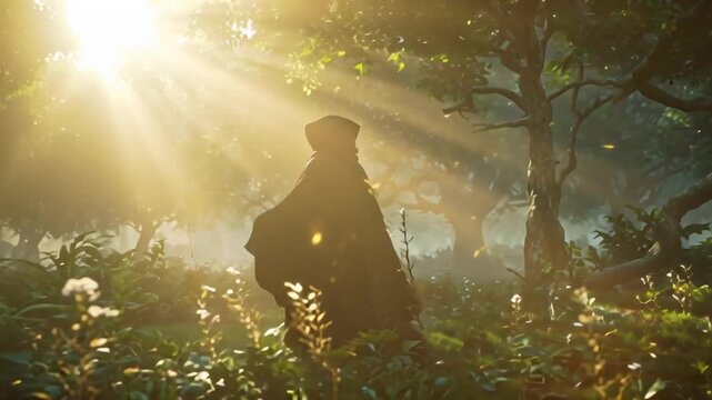 a mysterious man in a robe moves through a magical twilight forest.