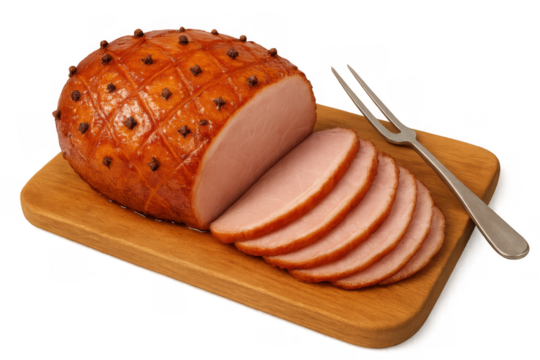 Traditional glazed ham with cloves and brown sugar glaze, sliced and ready to serve on a cutting board, transparent background