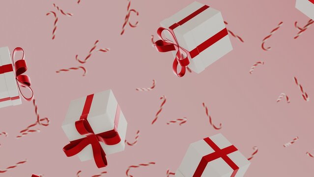 Horizontal 3d Christmas New Year gifts red ribbon bow candy canes falling floating pink background pastel festive winter elegant glossy shiny banner decoration merry cozy greeting card mockup
