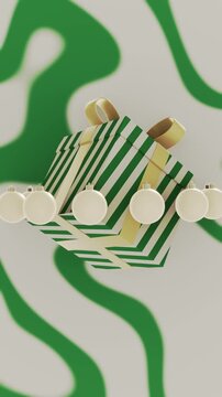 Vertical 3d Christmas New Year gift box loop animation green ribbon bow stripes candy cane wrapping paper baubles ornaments matte glossy minimal modern festive winter background copy space banner