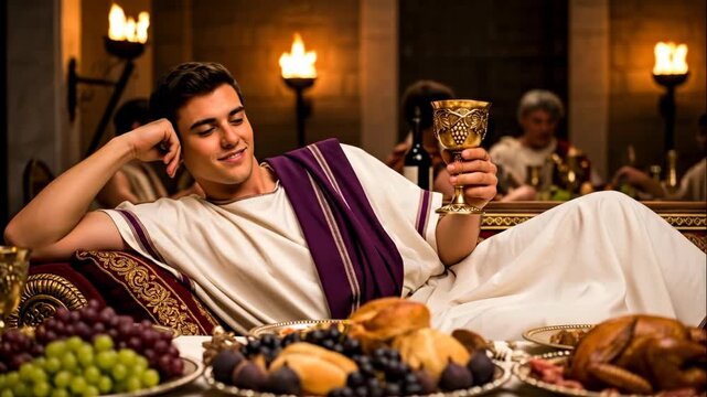 Young caucasian man reclines at an ancient Roman banquet table, holding a golden goblet with historical food, celebrating luxury footage.