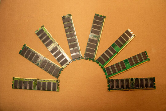 RAM sticks forming a half circular formation. Technology photo. PC part