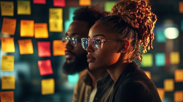 Colleagues brainstorming new ideas using sticky notes - Powered by Adobe