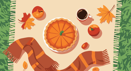 Flat overhead wallpaper of picnic blanket, pumpkin pie, apples, scarf, and falling leaves, warm autumn theme