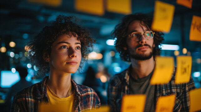 Colleagues brainstorming new ideas using sticky notes - Powered by Adobe