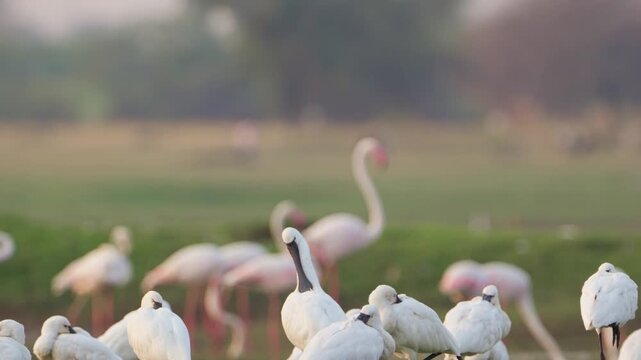 Graceful Flamingos and spoonbills by the Lagoon | Relaxing Nature Video with Water Sounds