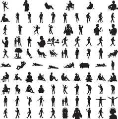 Silhouette of a person listening to music isolated on white background