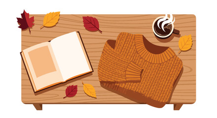 Flat overhead wallpaper of coffee mug, book, and sweater with leaves scattered, cozy fall atmosphere