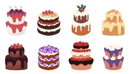 Cartoon dessert collection with cakes, cake slices, cupcakes, and sweets. Flat illustration for design