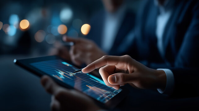 Faceless business team working together businessman using tablet for analyzing data stock market in monitoring room with team pointing on data presented in chart financial invest