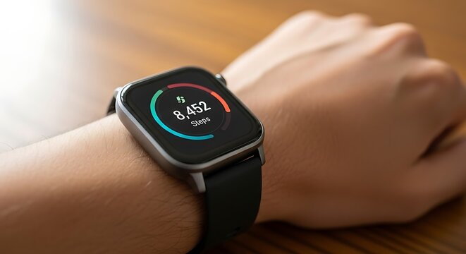 Closeup of a mans wrist wearing a smart watch displaying the number of steps taken, promoting health and fitness tracking technology - Powered by Adobe