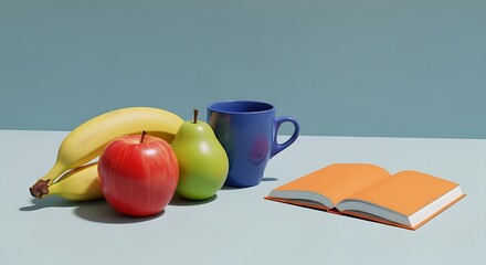 Still life arrangement of fresh fruit a blue mug and an open book 