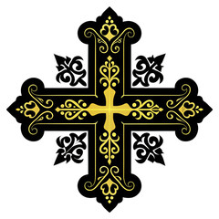 Elegant armenian cross ornate filigree gold black symmetry motif decorative transparent background