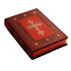 Ornate red leather coptic bible antique vintage decorative gold cross embossed cover on transparent background exudes reverent calm and timeless charm