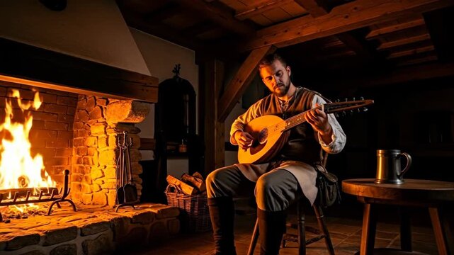 Man playing medieval lute by a warm fireplace in a tavern, creating a historical music ambiance footage