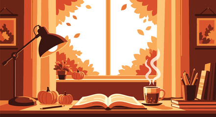 Flat wallpaper of tea mug and open book by window showing falling leaves outside, warm cozy autumn moment