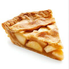 Delicious slice of apple pie, perfect dessert with a golden crust, showing fresh apple filling. A tempting treat for any occasion. on a white background, easy to use.