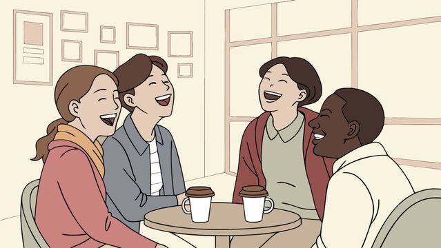 A group of diverse friends laughing together at a cafe table with coffee cups and framed pictures on wall