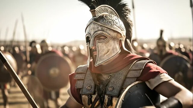 Man in ancient warrior armor adjusting helmet as part of a historical army formation in preparation for battle, documentary footage.