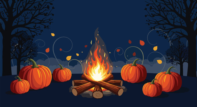 Flat wallpaper of bonfire with pumpkins and leaves around, warm seasonal atmosphere, solid strong colors