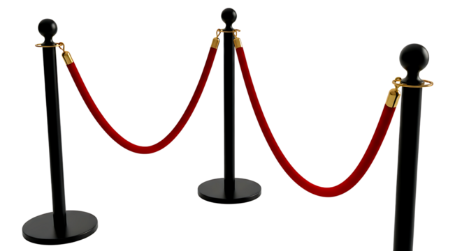 Elegant red velvet rope barrier stanchions with gold clasps creating a sophisticated queue line against a stark black background