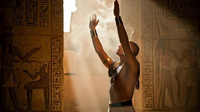 Man ancient egyptian worshipper praying in temple, historical ritual and spiritual devotion footage
